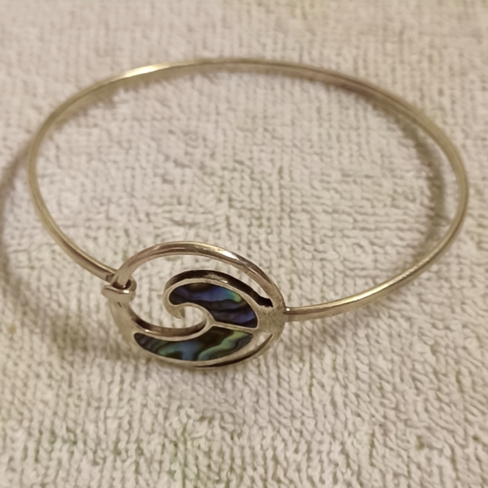 Abalone Wave Bracelet, Silvertone With Open Hook Closure